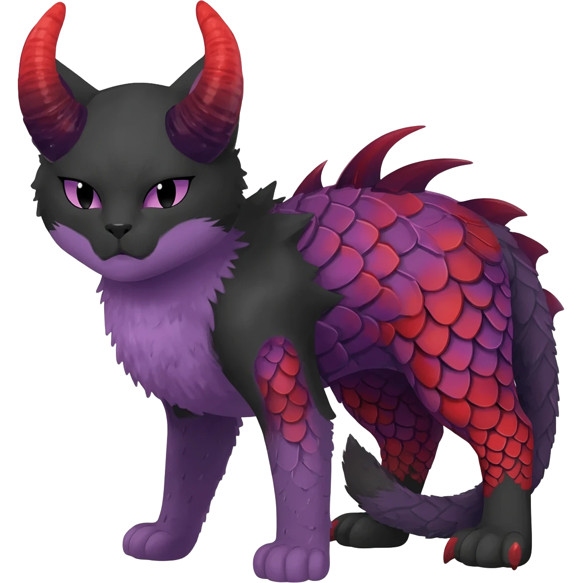 Black horned vampiric edgy demon-Noivern-Noibat-Purloin-Torracat-Lykoi-Caracal-cat-Fakemon-fusion-hybrid-creature with violet and red scale markings with 2 horns emoji