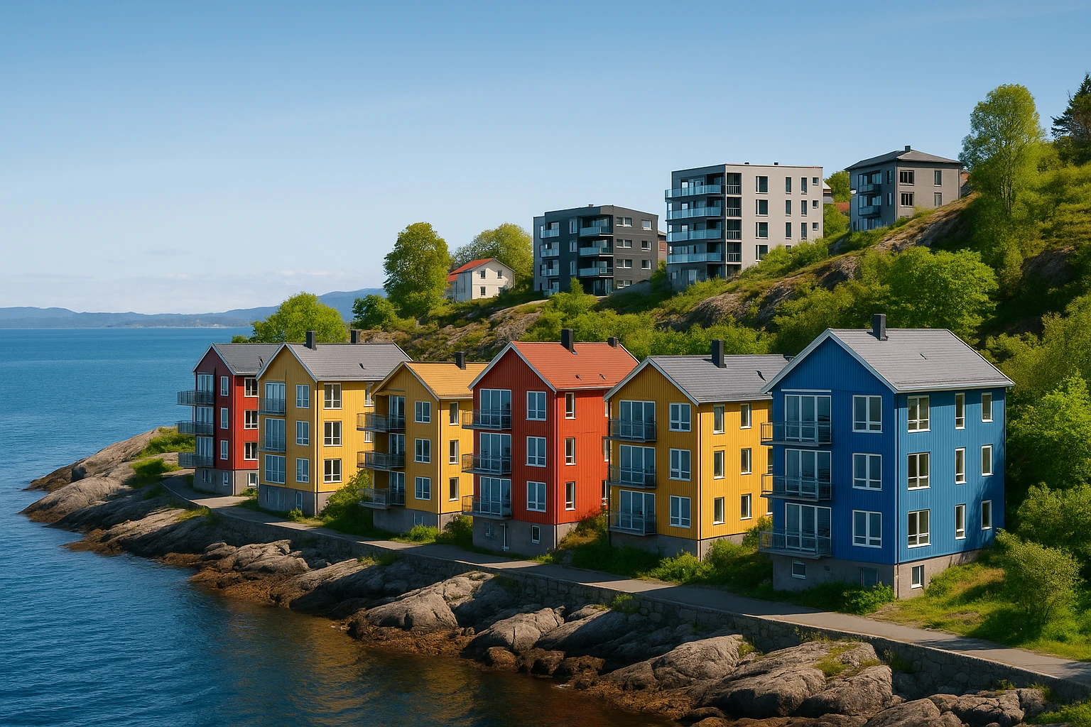A coastal town in norway, apartment blocks emoji