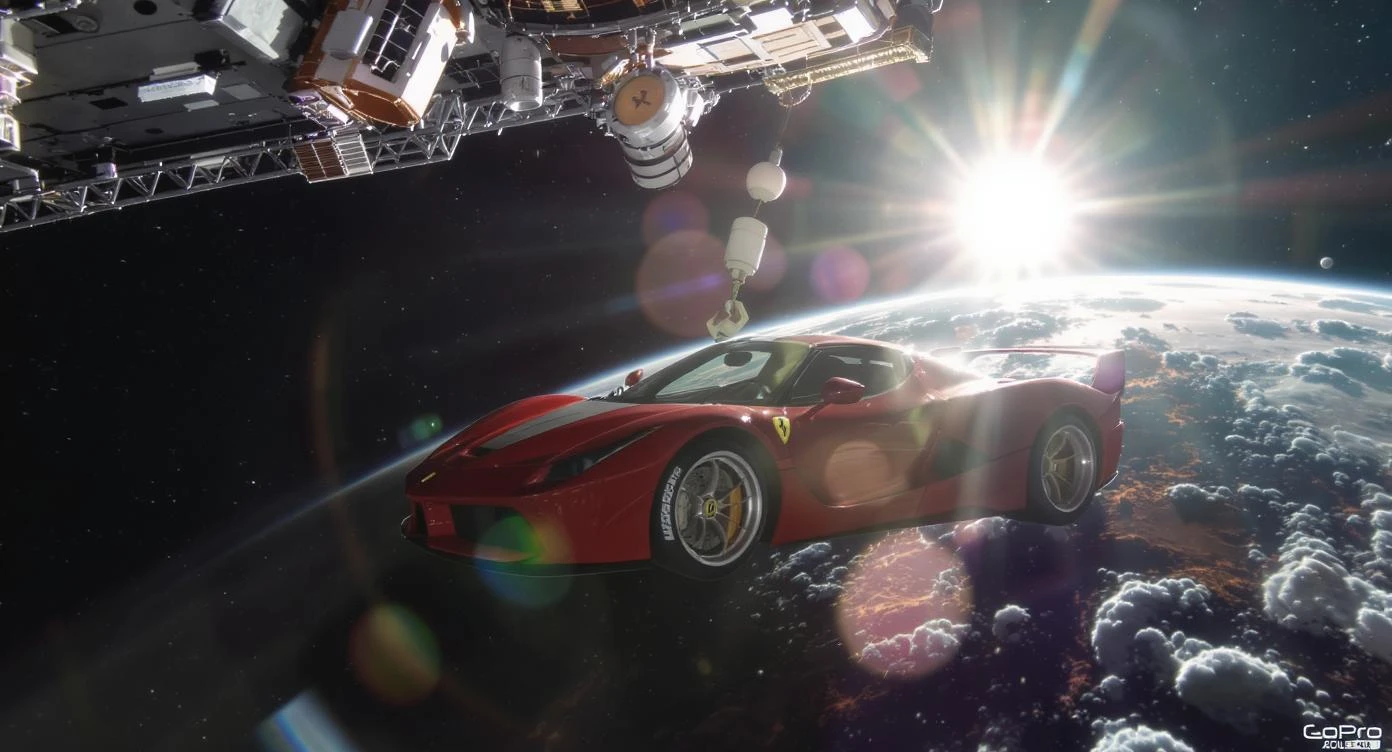 Cinematic still of a ferrari f40 floating in space, shot by space camera connect to spaceship, sun flare, big earth in background, captured by gopro emoji