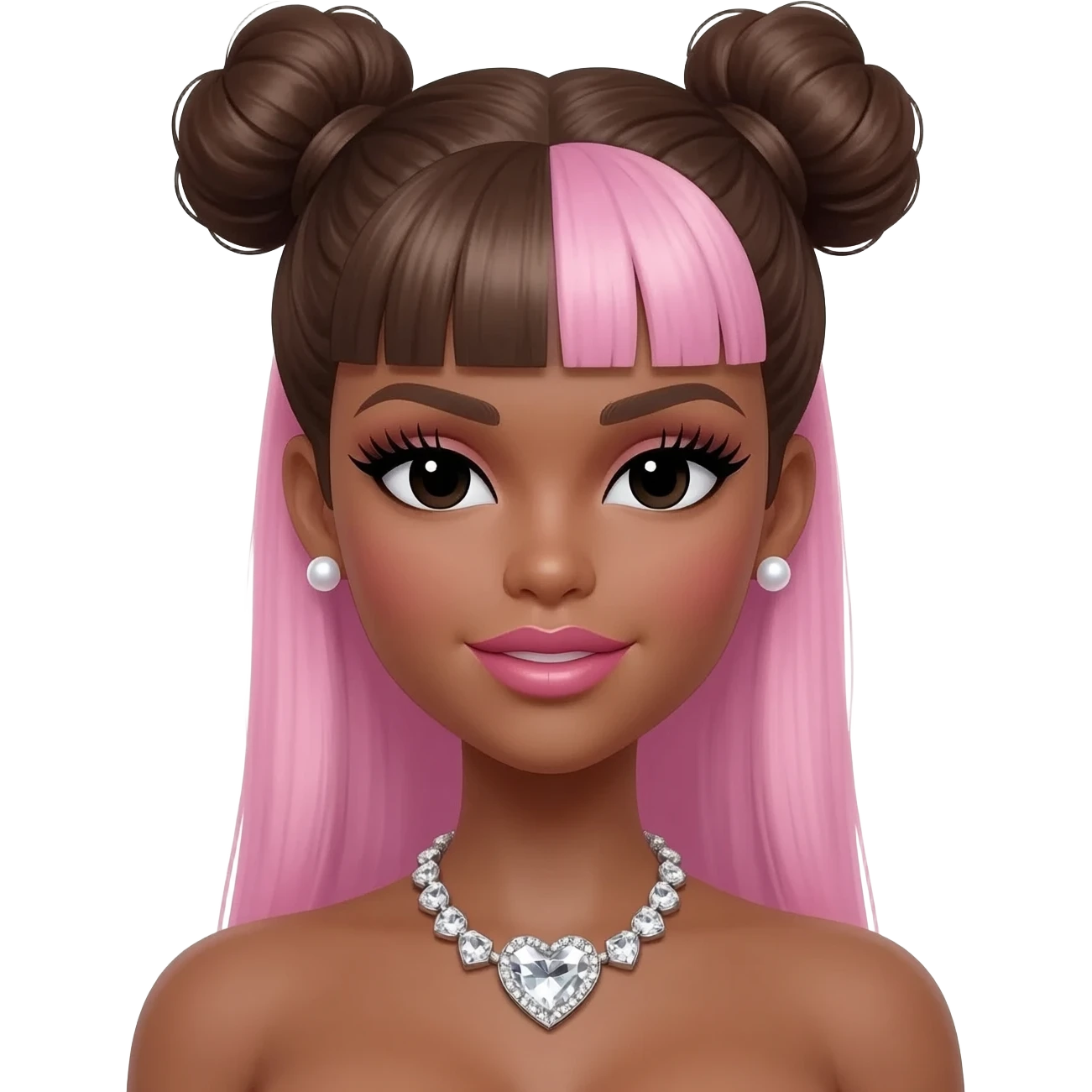pearl earrings stud, Long giant lashes, Doll faced shaped,swarovski heart with Rhodium plated necklace, bimbo, black doll eyes, barbie, dark brown skin, with two high buns with long middle part bangs dark brown hair, light pink, big breast emoji