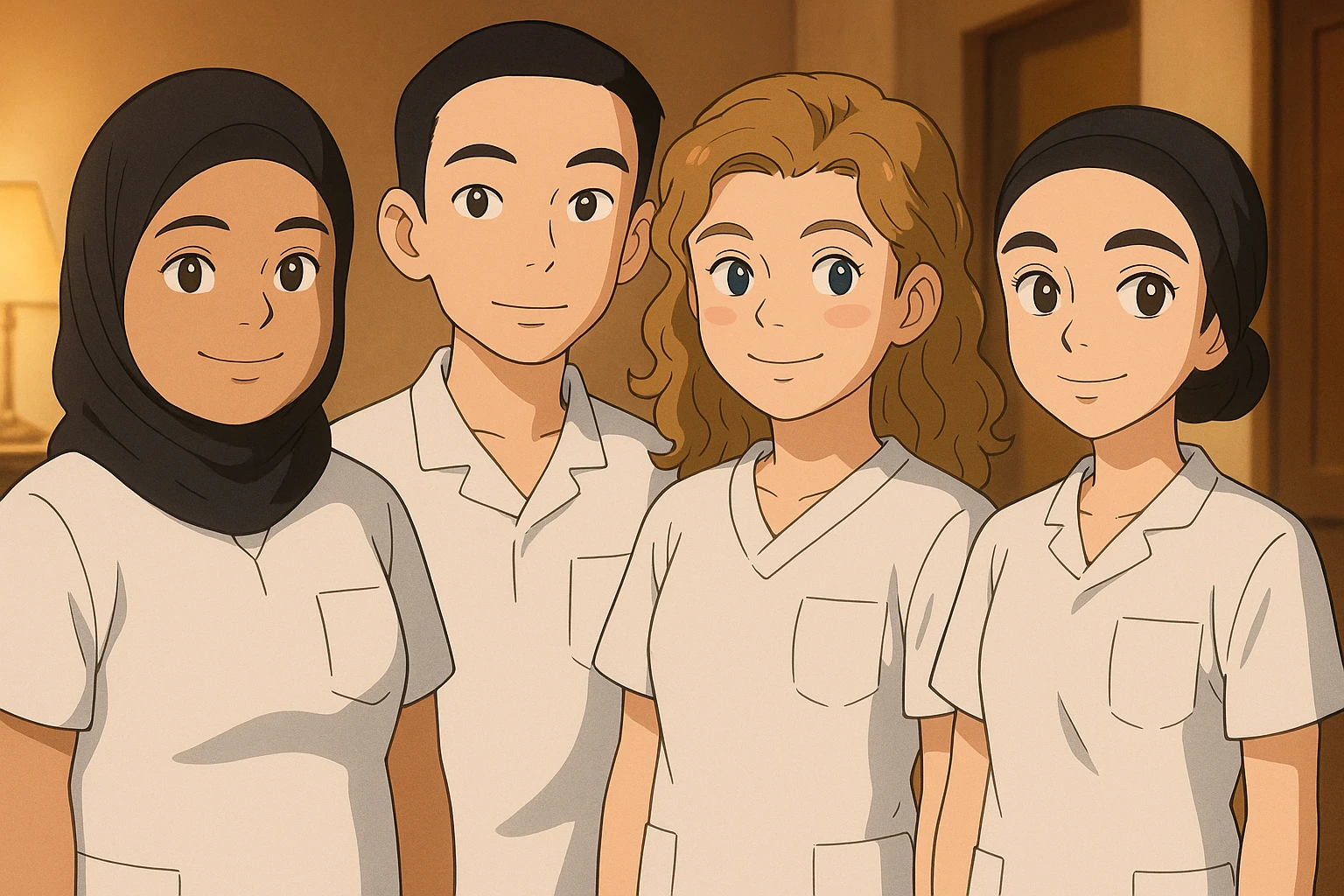 Four nursing students side by side in a warm indoor ambiance, wearing white short-sleeve uniform tops resembling medical tunics with V-neck collars and left chest pockets, no stand-up collars, no hijabs or undergarments beneath the tunics, no stethoscopes. Each student has the face from the provided portraits, styled in Ghibli style, group composition, variation 3. emoji