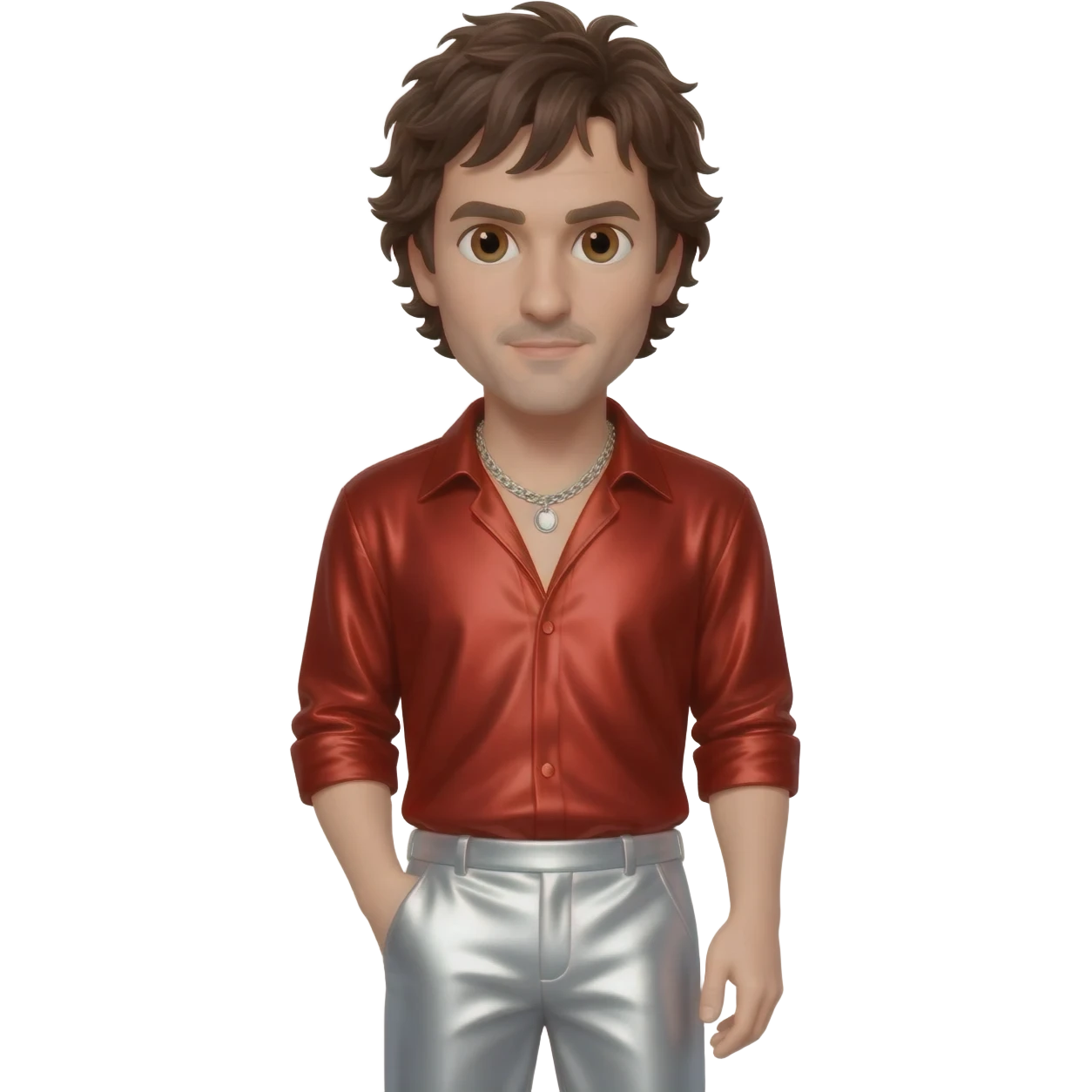 Johnny Knoxville with brown eyes, dark brown hair, red metallic shirt, white metallic baggy pants, silver necklace emoji