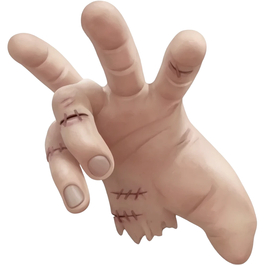 Faça a mão com os dedos virados para baixo como se estivesse andando e cicatrizes em toda amão com pontos  e a mão palida gelida todos os dedos abertos emoji