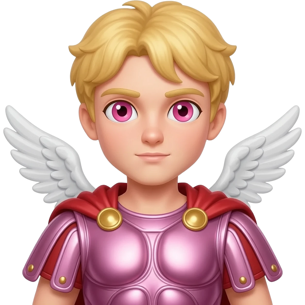 Cupid from Roman Mythology with rose-pink eyes, blonde hair, pink metallic tunic, red metallic cloak emoji