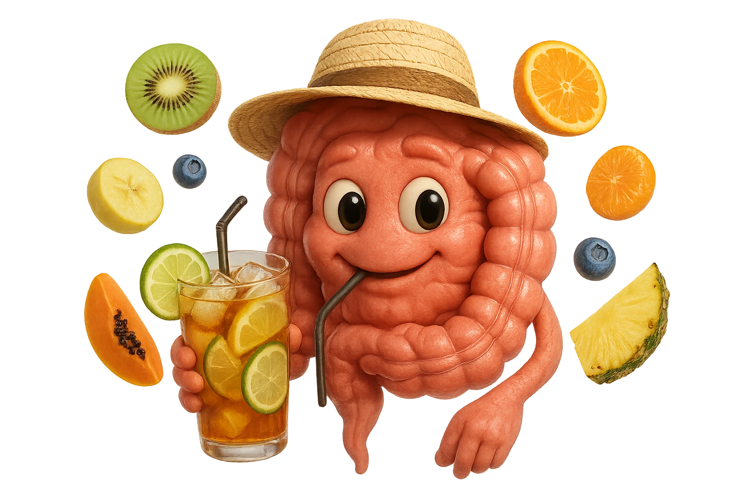 EMOJI STILE IPHONE DI INTESTINO UMANO REALISTICO CON CAPPELLO DI PAGLIA DA SPIAGGIA CHE BEVE UN Tè FREDDO IN BICCHIERE DI VETRO CON DENTRO  fette di cetriolo, limone, lime, DIETRO L'INTESTINO FLUTTUANO PEZZETTI DI Kiwi
Banana acerba
Arance e mandarini
Mirtilli
Ananas
Papaya
IPERREALISTICO 4K emoji