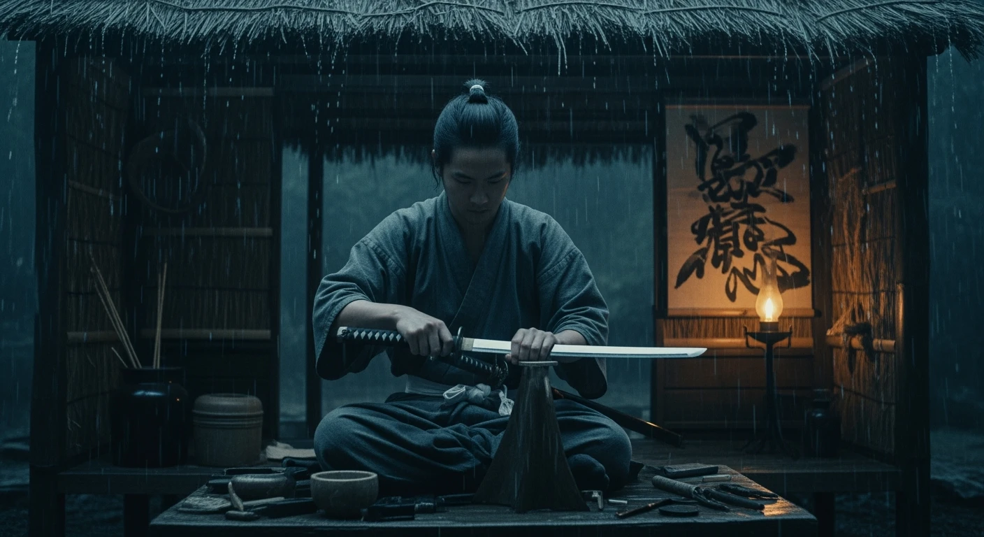 A cinematic scene from 1185, motion blur, wide shot of Taro polishing his katana in a bamboo hut, rain on roof, lamp-lit, symmetrical, gray-blue palette, tense, Arri Alexa, Wes Anderson. emoji