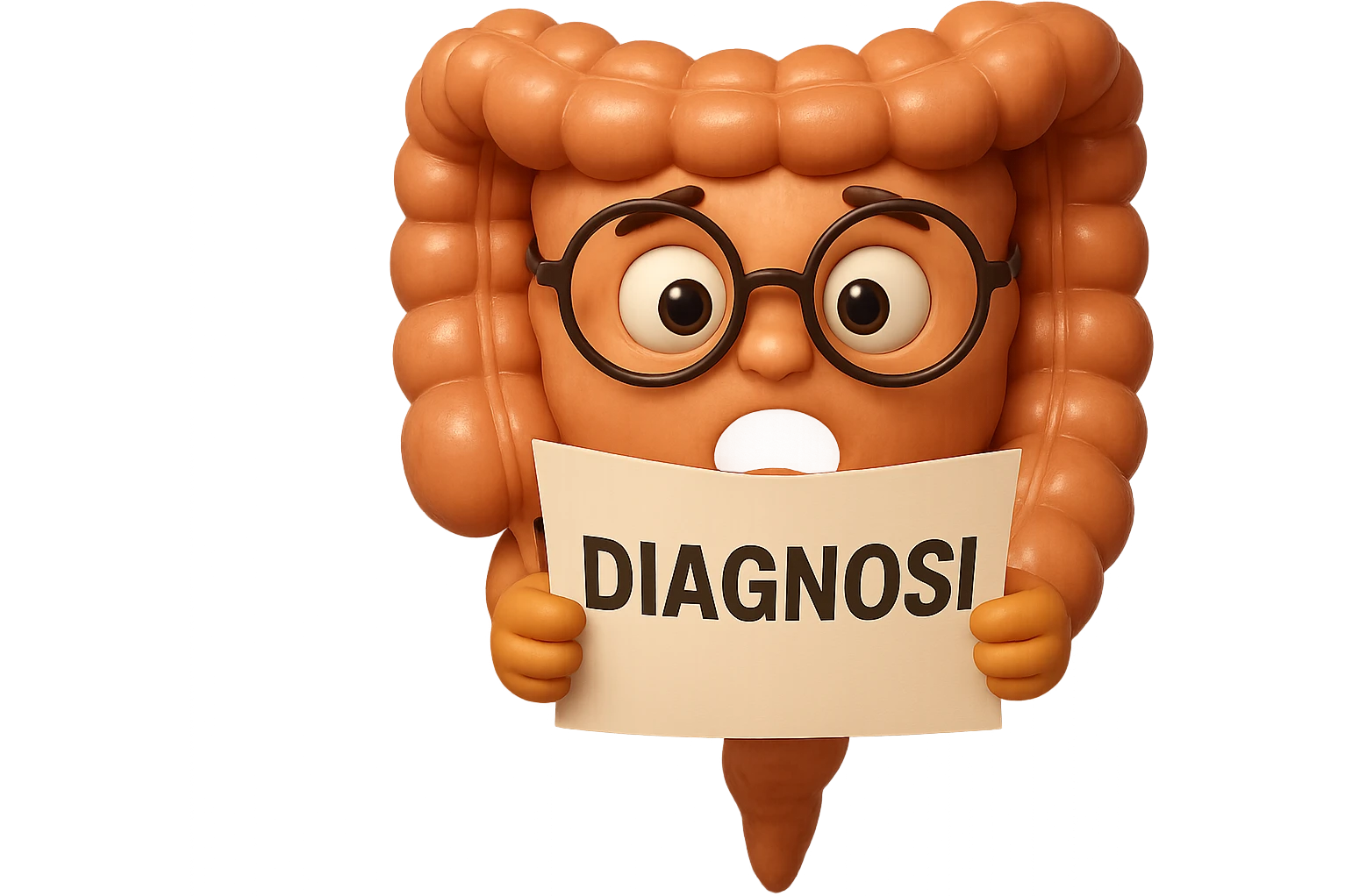 EMOJI STILE IPHONE DI UN INTESTINO CON GLI OCCHIALI CHE LEGGE UN FOGLIO CON LA SCRITTA DIAGNOSI, ESPRESSIONE STUPITA IN VOLTO, IPERREALISTICO 4K emoji