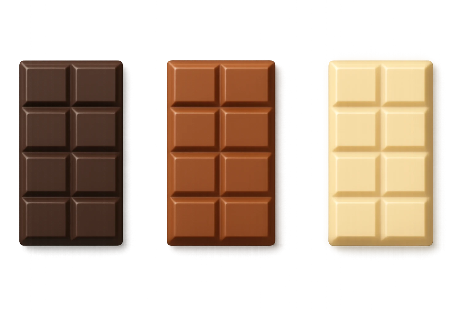 3 emoji stile iphone di BARRETTE DI CIOCCOLATO, UNA FONDENTE, UNA AL LATTE E UNA BIANCA, CON OMBRA REALISTICA, VISTE DALL'ALTO, IPERREALISTICO 4K emoji