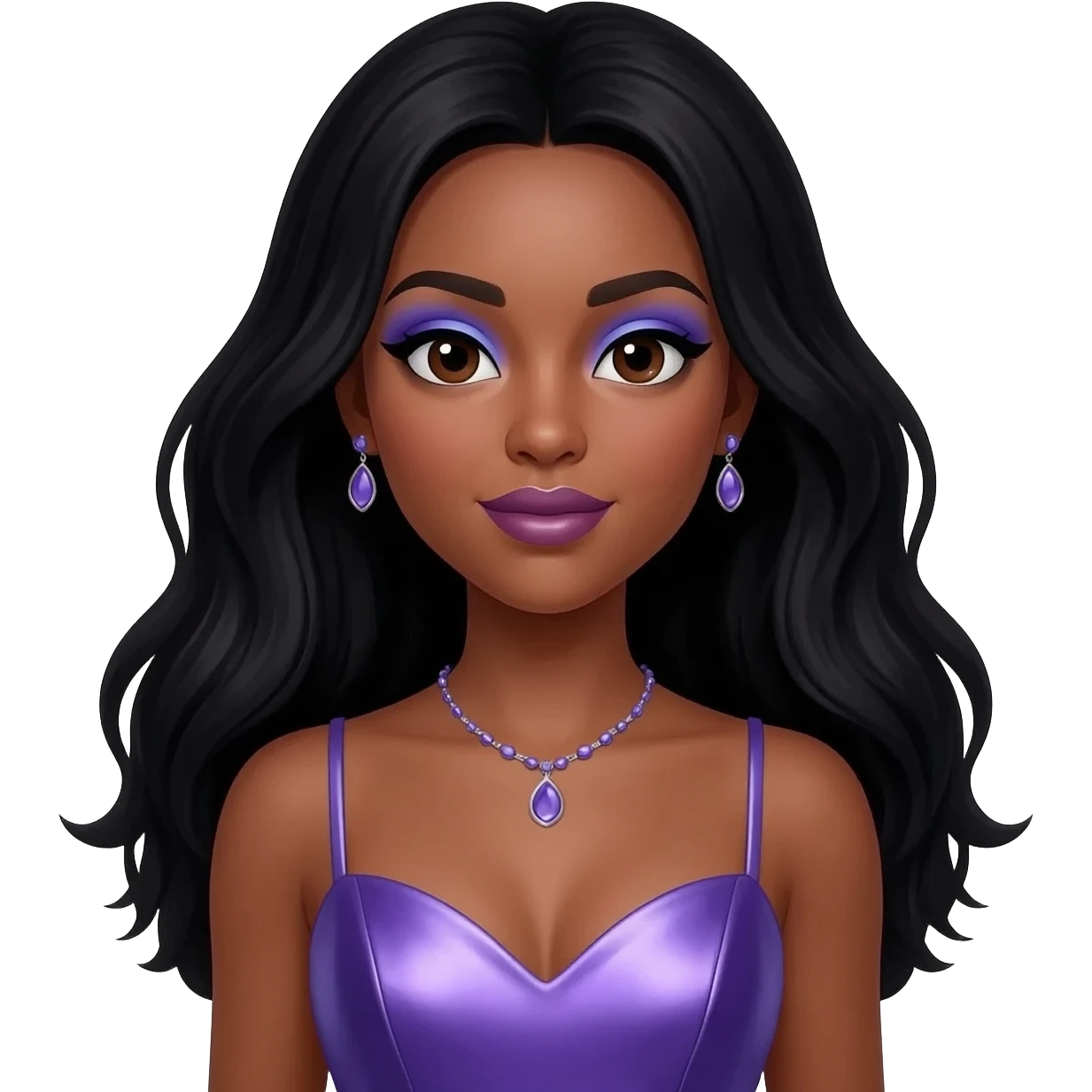 Solange with dark brown eyes, periwinkle eyeshadow and lipstick, long black hair, periwinkle metallic sweetheart dress, periwinkle necklace and earrings emoji