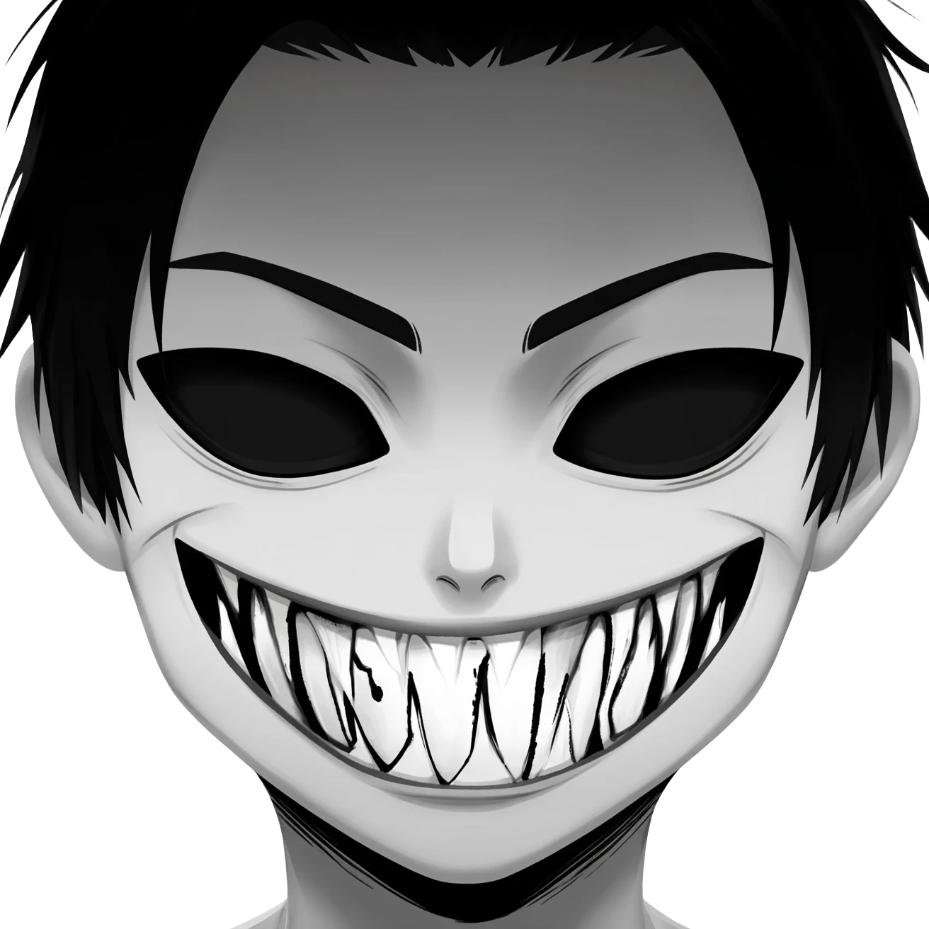 generate a black and white scary anime smile in 112 x 112 format with a transparent background emoji