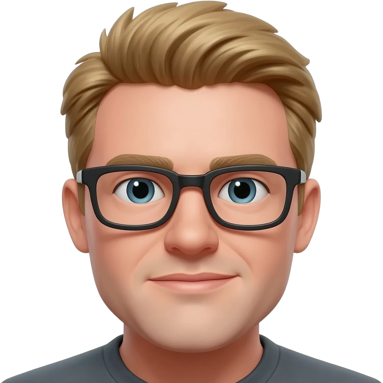 man with dirty blonde hair and black rectangle glasses -  the angle of the emoji is like i would be looking at him on facetime and the camera is low so he has a double chin. emoji