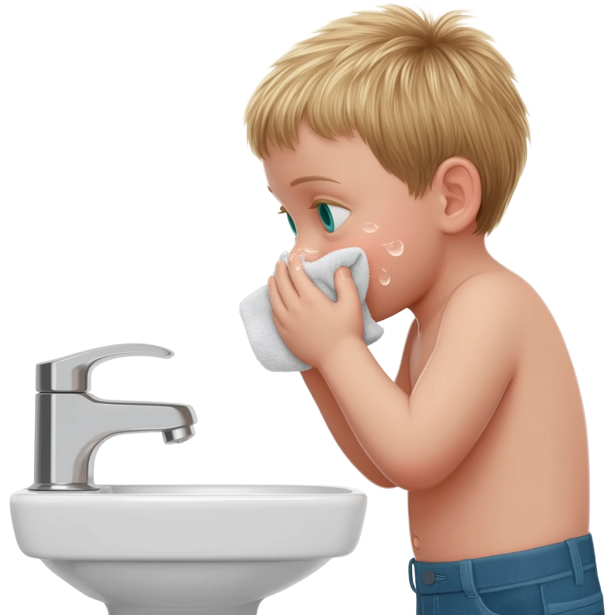 3 year old blonde boy with green-blueish eyes washing his face in the restroom emoji