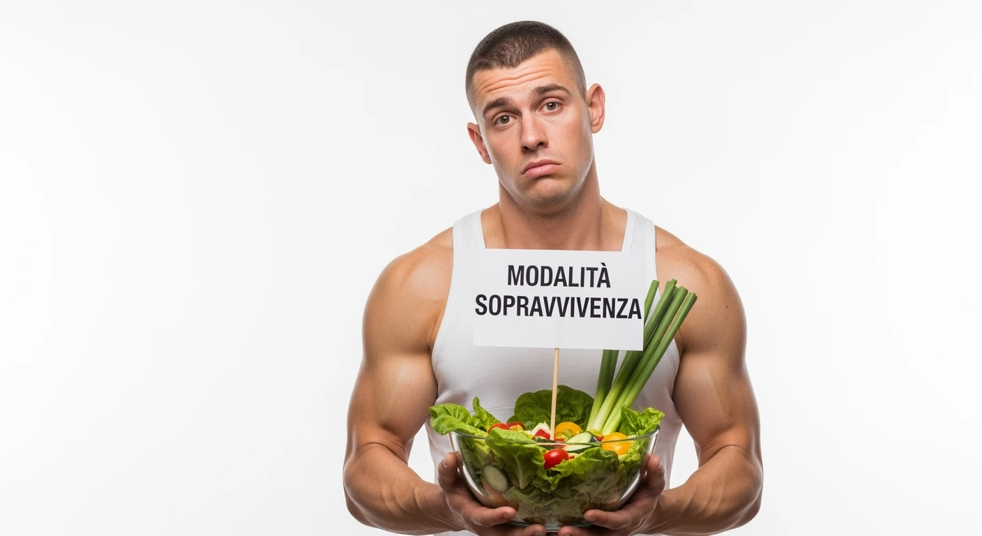 bodybuilder molto stanco e stressato con un insalata in mano, nell'insalata c'è un cartello con scritto "MODALITà SOPRAVVIVENZA", ISOLATO SU SFONDO BIANCO emoji