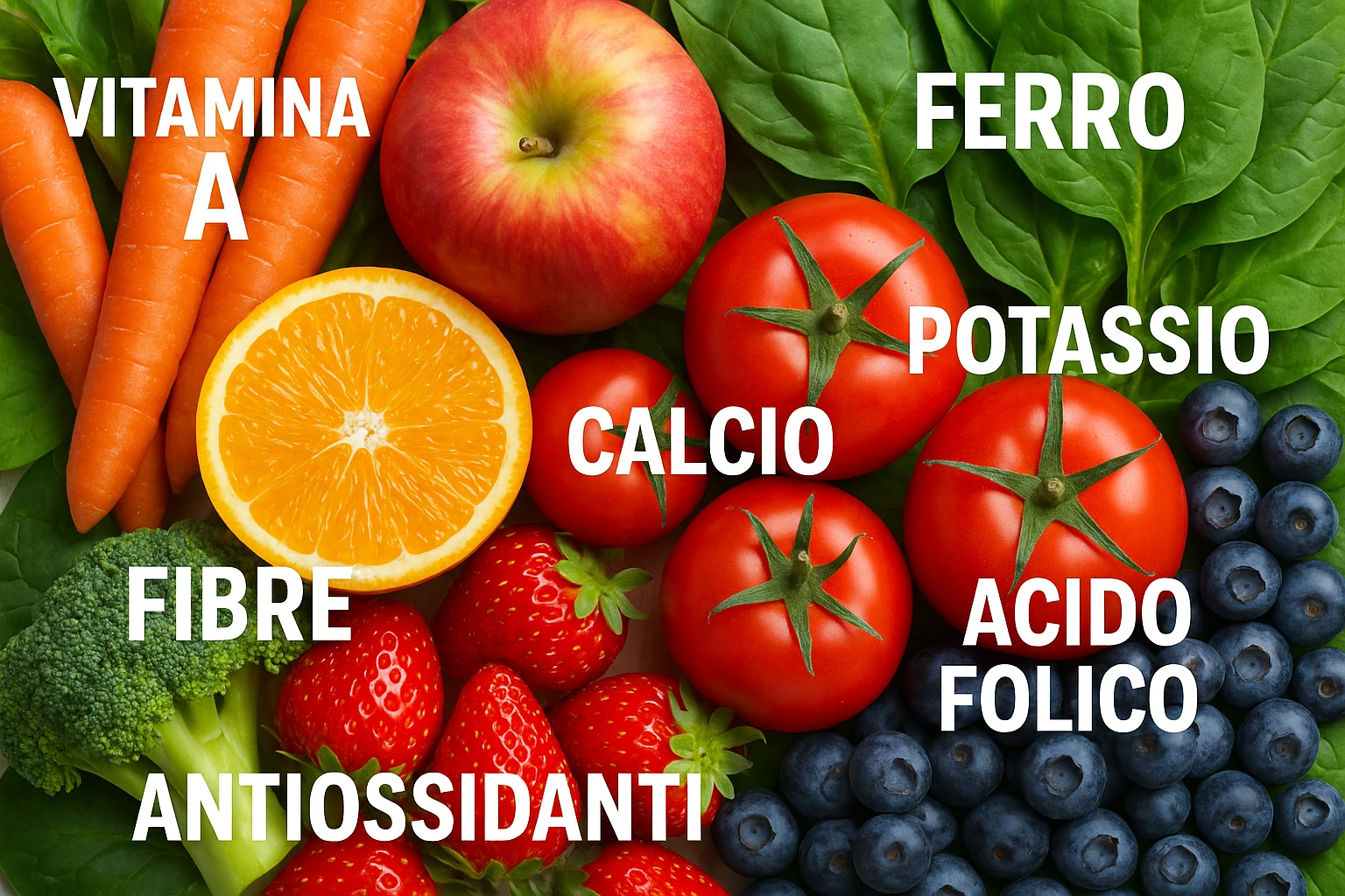 focus su frutta e verdura a tutto schermo e i micronutrienti in italiano contenuti in essa emoji