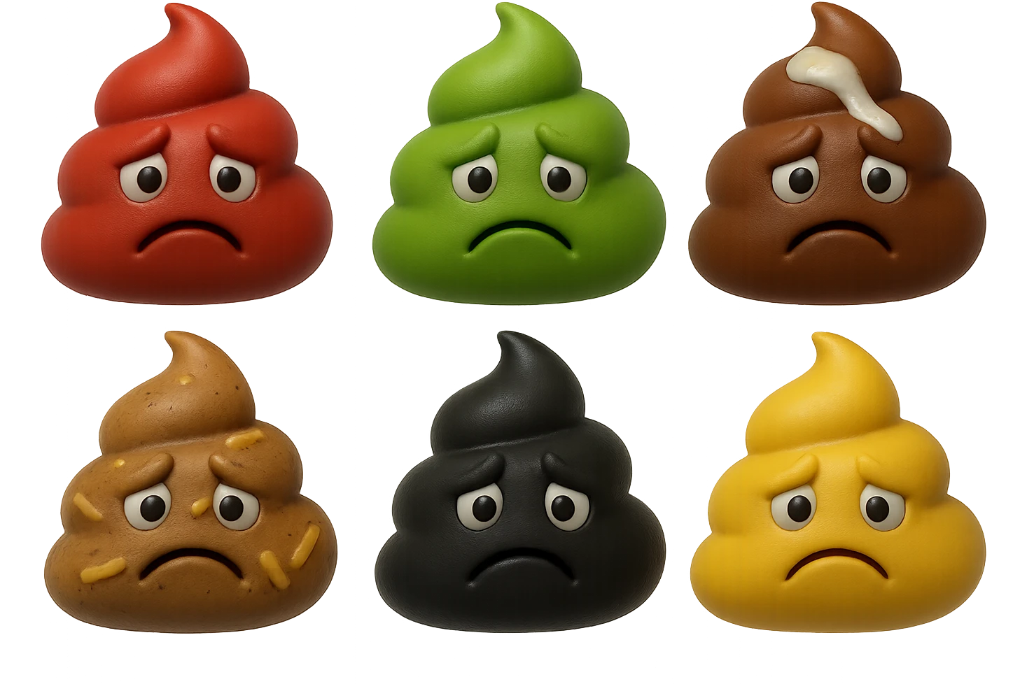 emoji stile iphone 3d di una cacca di colore rosso, una cacca di colore verde, una cacca di colore marrone con muco bianco visibile sopra,  una cacca di colore marrone con penne di pasta a pezzetti visibili all'interno di essa,  una cacca di colore nero e una cacca di colore giallo, tutte le cacche hanno un espressione triste, iperrealistiche 4k emoji