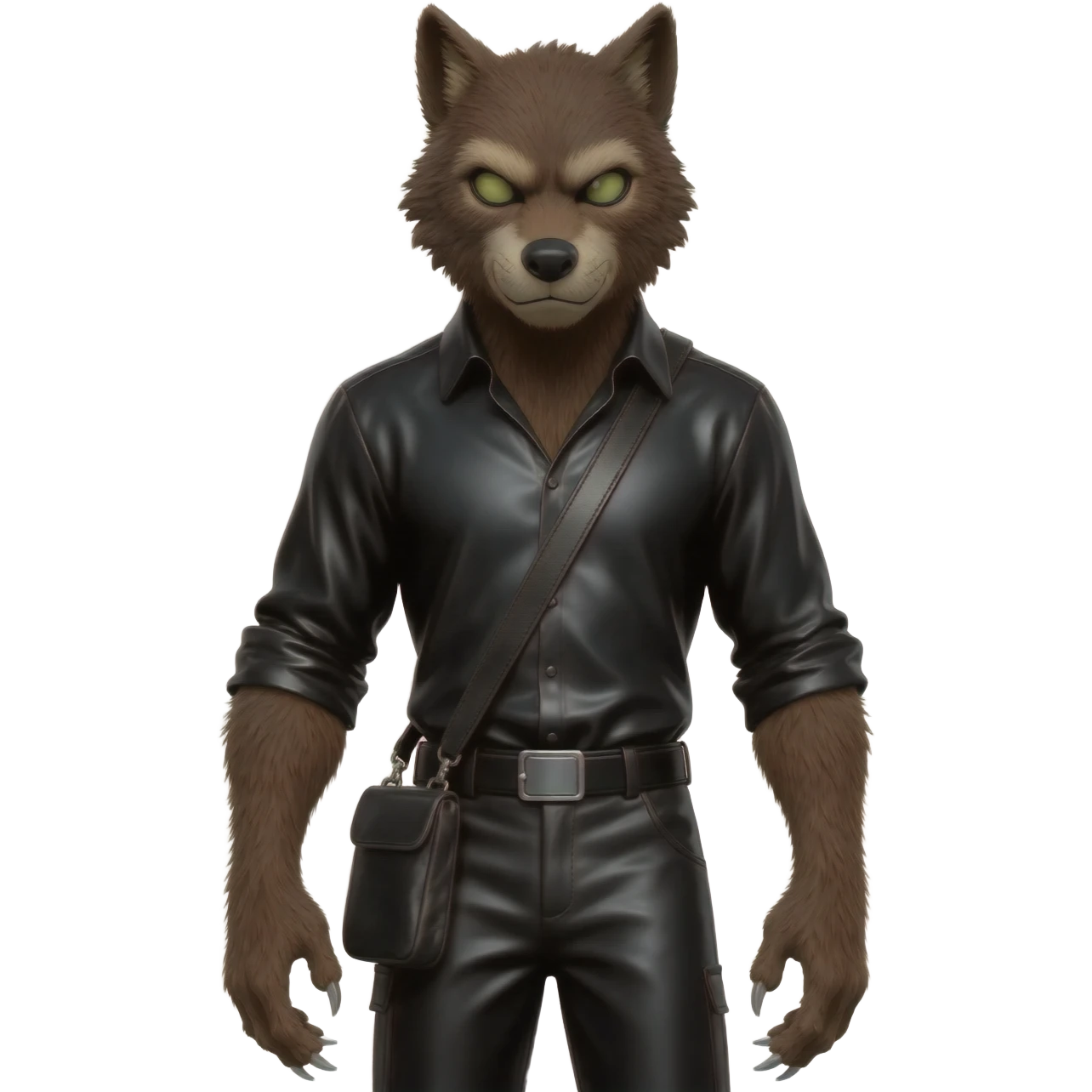 The Wolfman from Universal Monsters with  dark brown fur, black metallic shirt, black metallic baggy pants emoji