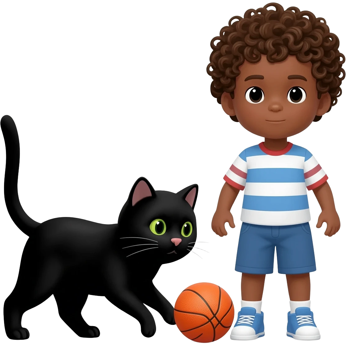 Black cat playing with orange basketball and a little boy with curly hair emoji