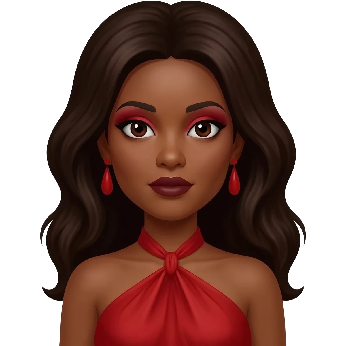 Foxy Brown from Foxy Brown (1974) with dark brown eyes, long dark brown hair, red eyeshadow, dark brown lipstick, red halter dress, red earrings emoji