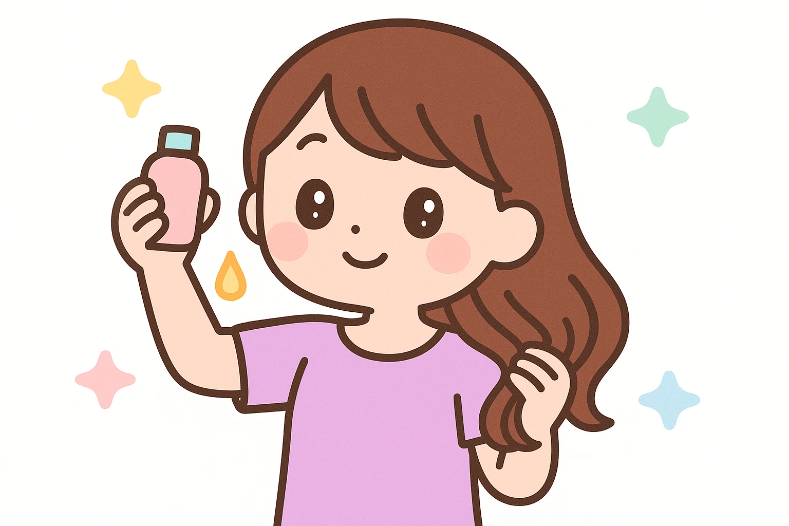 charming girl with shiny brown hair, carefully applying hair oil, relaxed and content, pastel color palette, kawaii style emoji