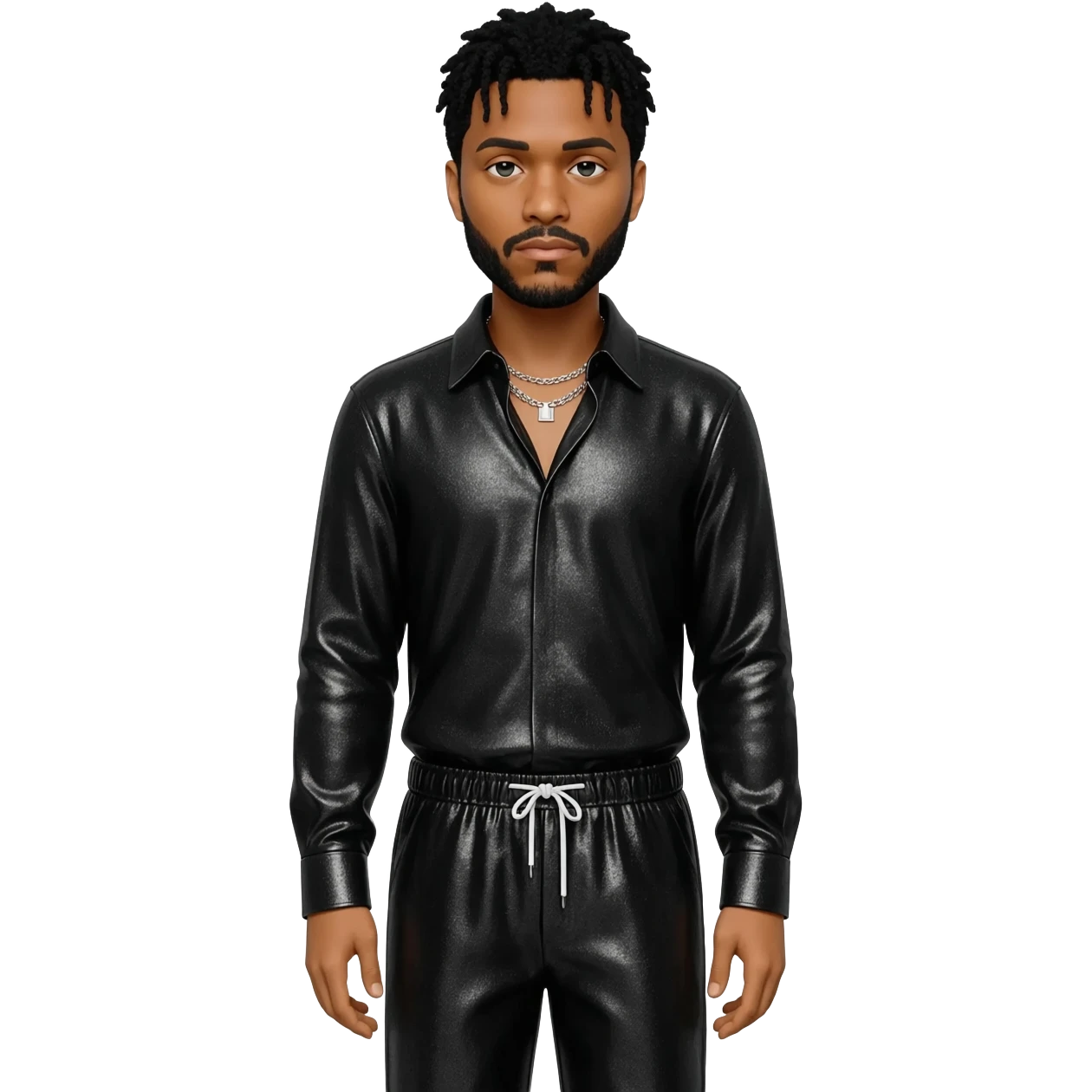 The Weeknd with black hair, black metallic shirt, black metallic baggy pants, silver necklace emoji
