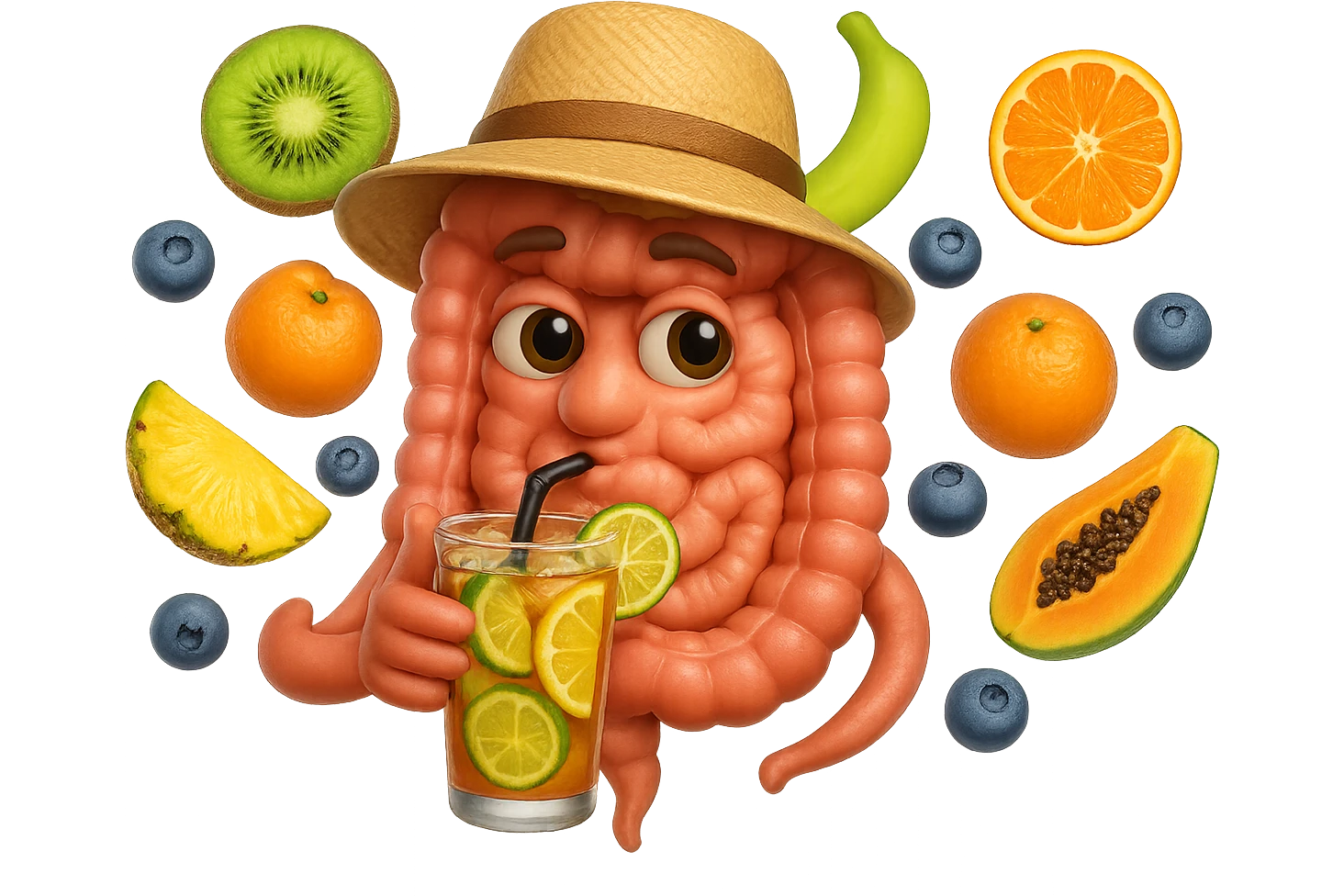 EMOJI STILE IPHONE DI INTESTINO UMANO REALISTICO CON CAPPELLO DI PAGLIA DA SPIAGGIA CHE BEVE UN Tè FREDDO IN BICCHIERE DI VETRO CON DENTRO  fette di cetriolo, limone, lime, DIETRO L'INTESTINO FLUTTUANO PEZZETTI DI Kiwi
Banana acerba
Arance e mandarini
Mirtilli
Ananas
Papaya
IPERREALISTICO 4K emoji