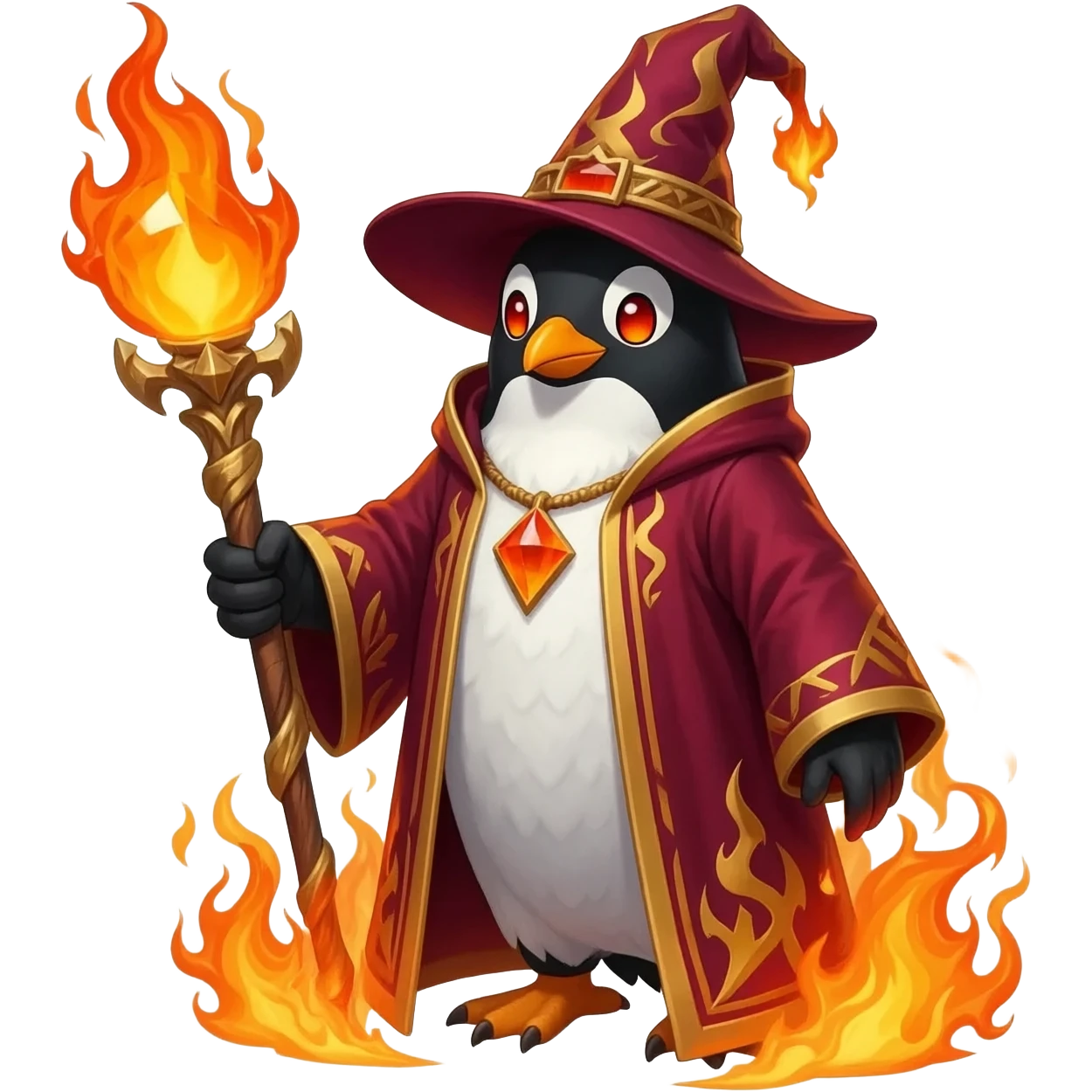 Vibrant fire wizard penguin with black-and-white feathers and glowing fiery-orange eyes. Wearing crimson-and-gold robes with flaming runes and tall wizard hat with burning embers. Holding ornate staff with blazing crystal orb. Swirling orange flames and embers emanate from its body emoji