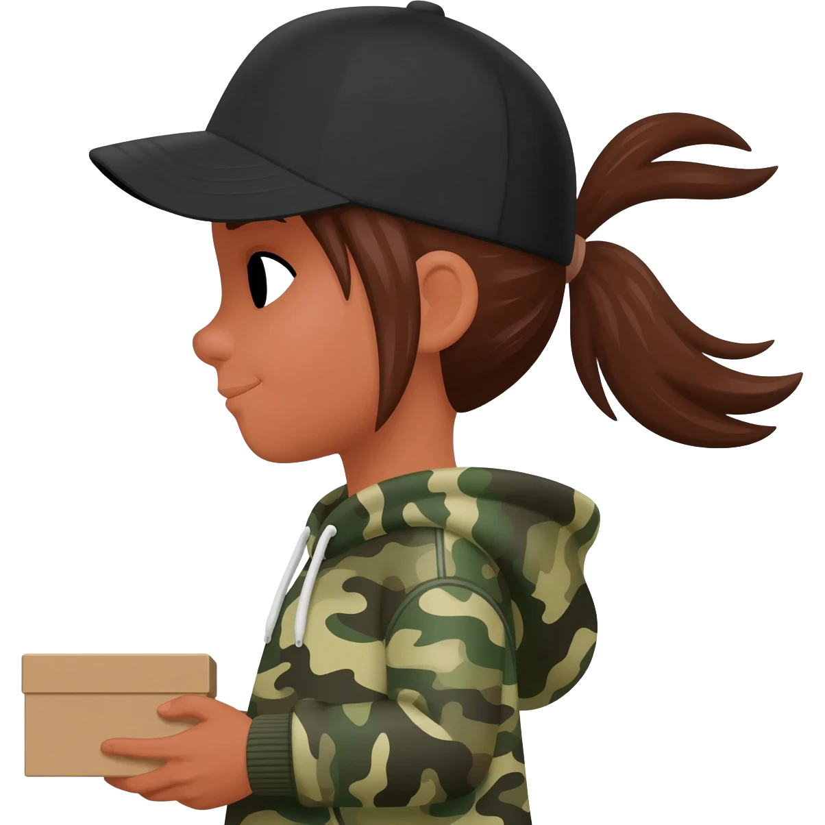 A tan skin girl with short hair tied back in a pony tail wearing a black aseball hat and a camo hoodie holding a box emoji