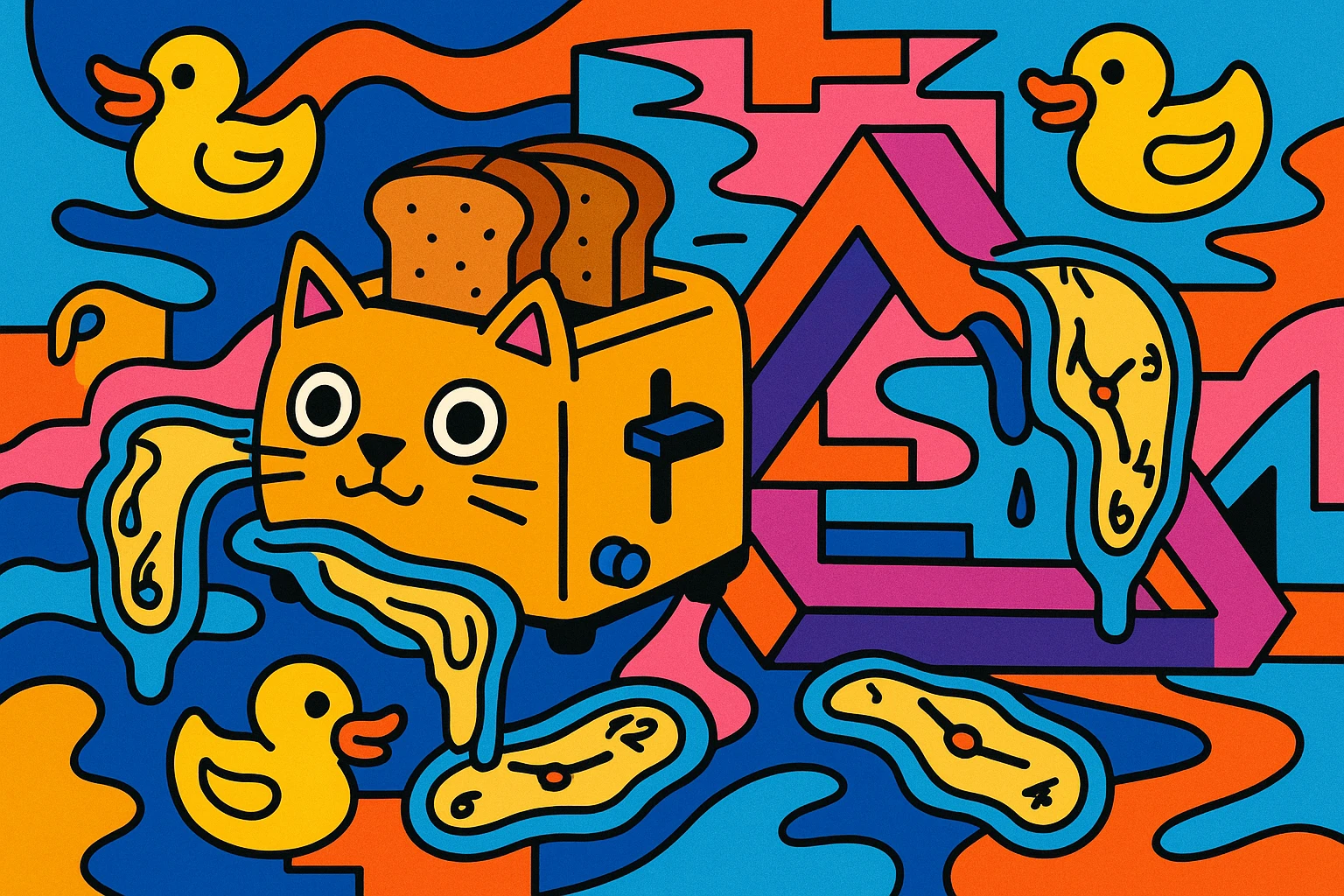 mind-bending surreal image designed to confuse AI: a cat that is also a toaster, melting clocks, floating rubber ducks, impossible geometry, vibrant chaotic cartoon style, evoking AI insanity emoji