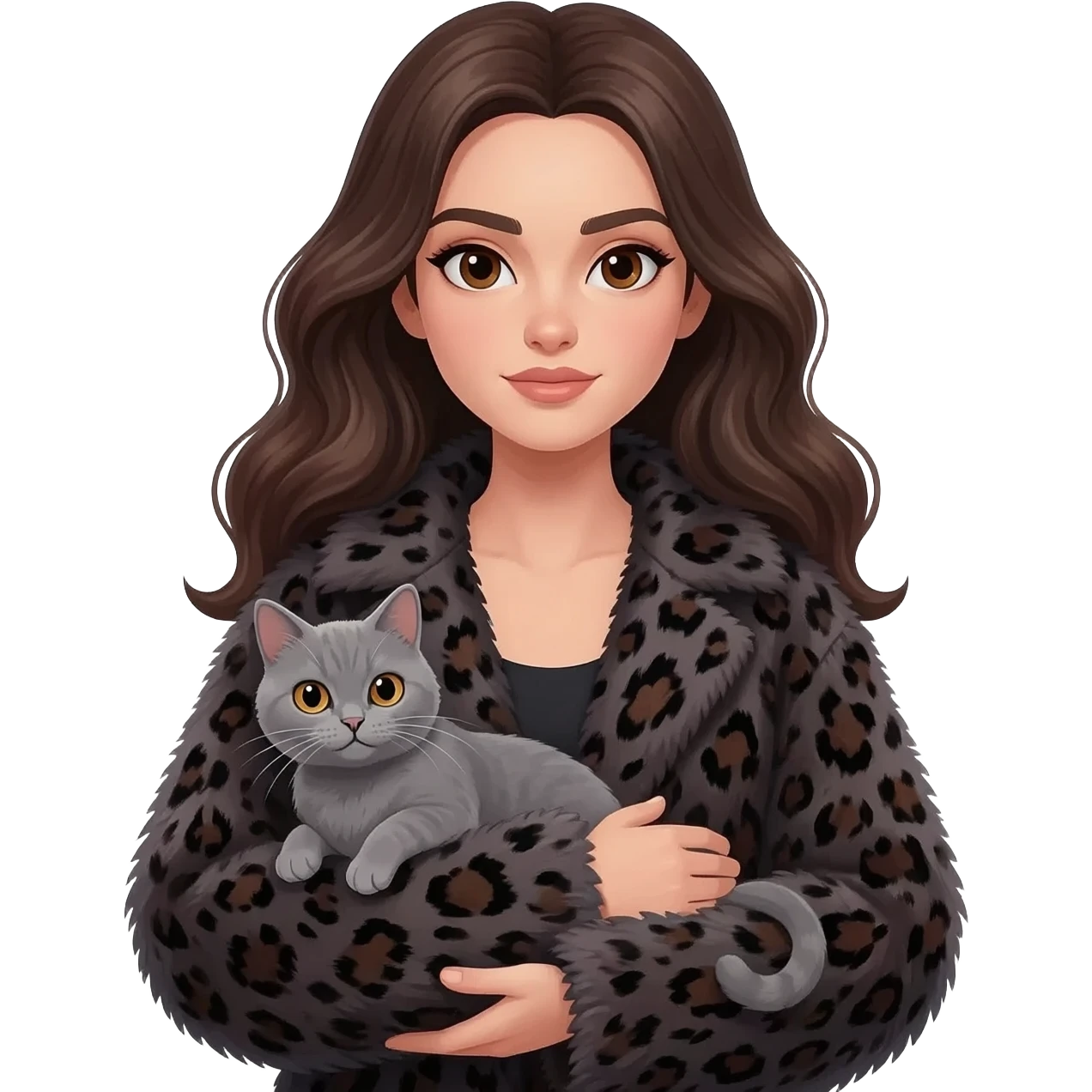 kitten grey colour inarms A stylish young woman with long, wavy dark brown hair and defined, expressive eyebrows. She has deep brown eyes with a calm, aesthetic gaze. She is wearing a chic, oversized dark leopard-print faux fur coat.modern, high-fashion, and slightly mysterious vibe.8k resolution. emoji