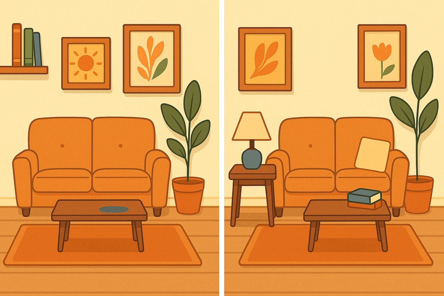 Create a second version of the cozy room image with three subtle differences for a 'find the three differences' quiz. Make subtle changes such as changing the color of a lamp, removing a book, or altering a plant. Keep the style, lighting, and layout consistent with the original image. emoji
