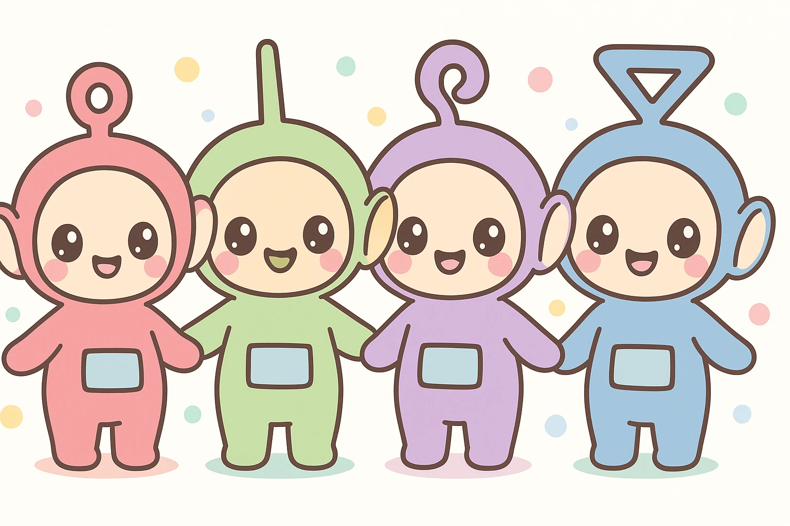 Teletubbies in kawaii style, oversized heads, sparkling eyes, cute expressions, each in their unique color emoji