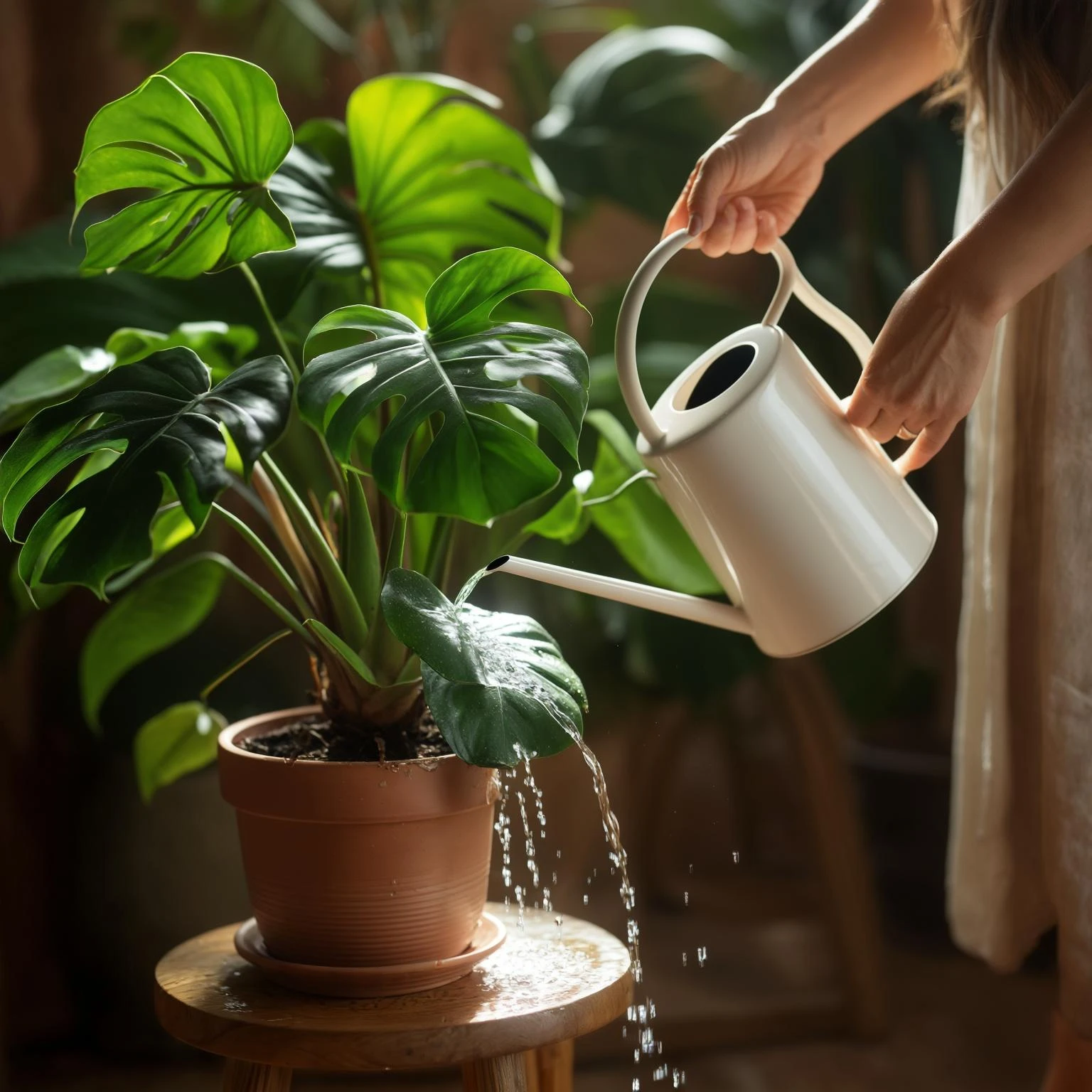 woman watering her monstera plant emoji