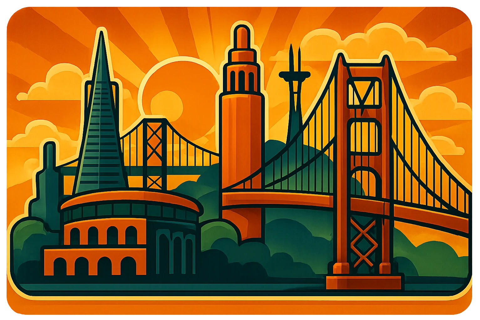Expand the retro art deco Bay Area logo to fill the entire 3.5:1 view. Add a stylized sky with an art deco sunburst, clouds, and a vintage background. Maintain the same color palette and retro stickers style. Ensure the entire scene is fully filled with no empty space, preserving the vintage and art deco aesthetic. emoji