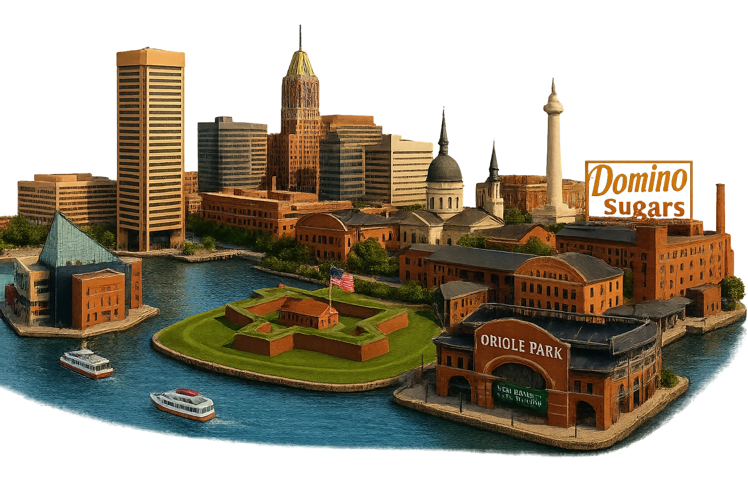 cinematic realistic emoji of Baltimore panoramic cityscape with Inner Harbor, National Aquarium, Fort McHenry, Oriole Park at Camden Yards, M&T Bank Stadium, Baltimore Basilica, Washington Monument (Baltimore), Domino Sugars sign, lifelike detail, accurate colors, bright daylight, no sky, no clouds, transparent background emoji