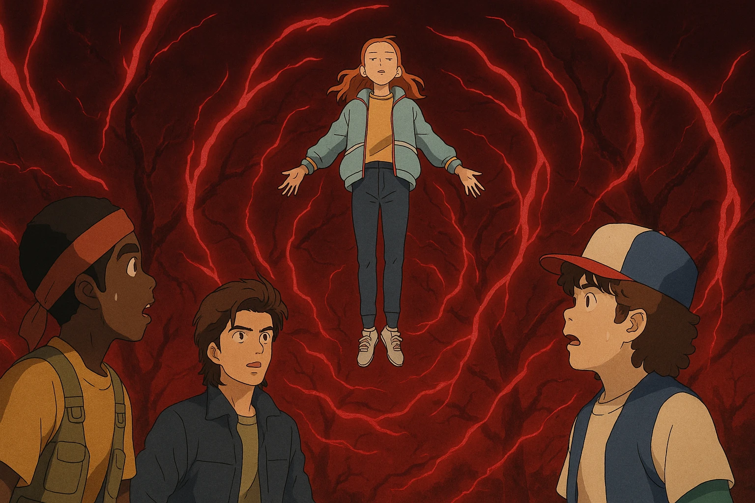 Max from Stranger Things levitating with supernatural red energy swirling around her, Lucas, Steve, and Dustin in awe. Ghibli style, wide aspect ratio (16:9), intense and mystical atmosphere. Make Lucas, Steve, and Dustin visually recognizable with their signature hairstyles and outfits. emoji
