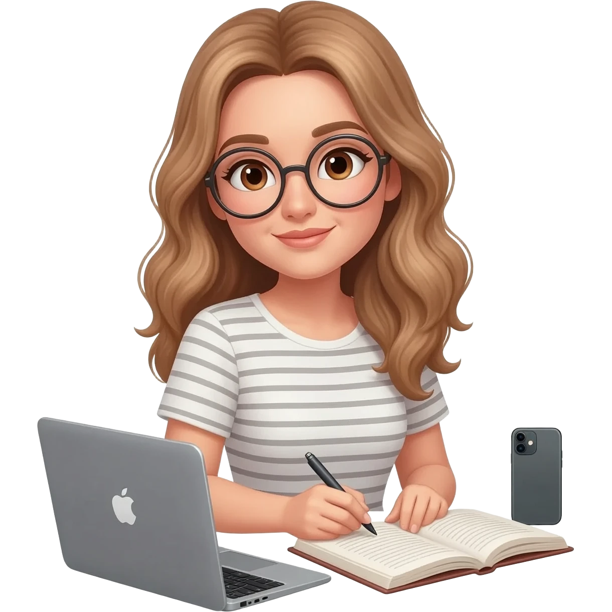 detailed emoji illustration of a woman with long light brown wavy hair and light brown eyes wearing round glasses, writing her book on a MacBook, with an iPad and an iPhone next to her, focused writing atmosphere, emoji style emoji