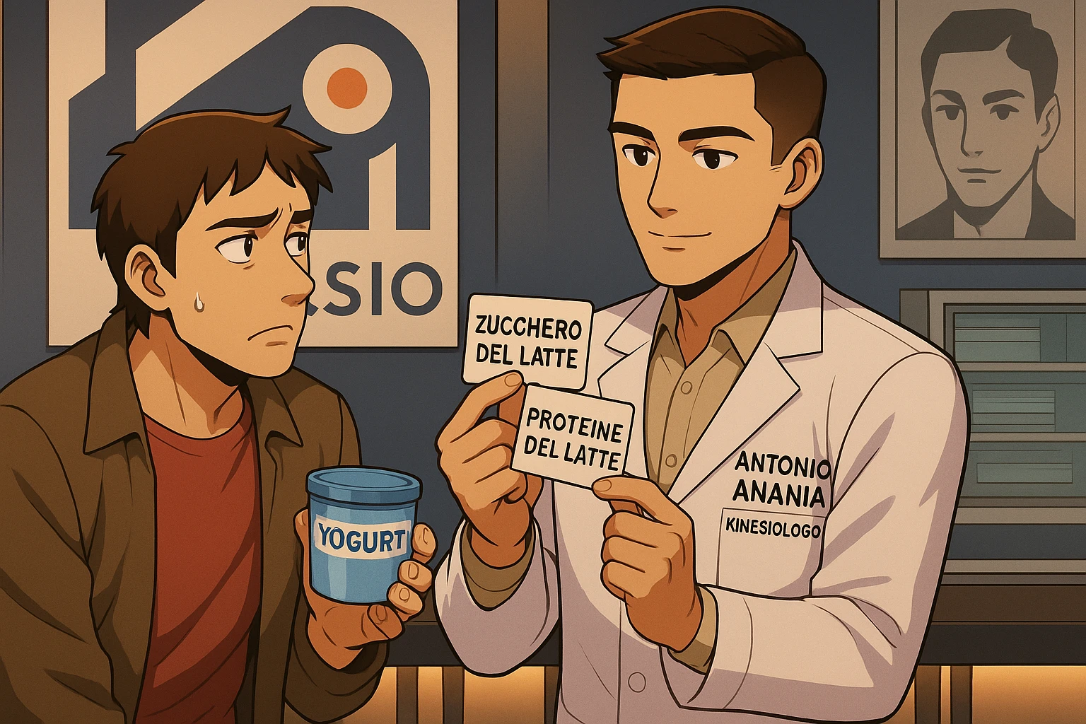 fai un webtoon manga a colori con questo stile, in cui un uomo ASCOLTA Il kinesiologo con il camice bianco (fagli anche la scritta "ANTONIO ANANIA" SUL CAMICE, IL KINESIOLOGO SPIEGA ALL'UOMO UNA COSA TENENDO DUE FOGLIETTINI IN MANO, UNO CON LA SCRITTA "ZUCCHERO DEL LATTE" E UNA CON LA SCRITTA "PROTEINE DEL LATTE". L'UOMO OSSERVA LO YOGURT CHE HA IN MANO CON ESPRESSIONE DUBBIOSA IN VOLTO. non fare i fumetti però, fai solo in modo che sembri stiano parlando emoji
