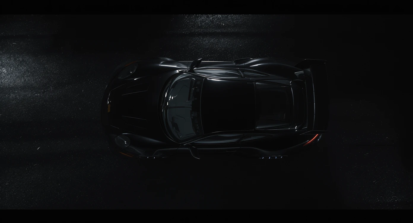 Cinematic shot of a porsche 911 gt3 rs, top dutch angle, black voide around, top spotlight, captured on arri alexa emoji