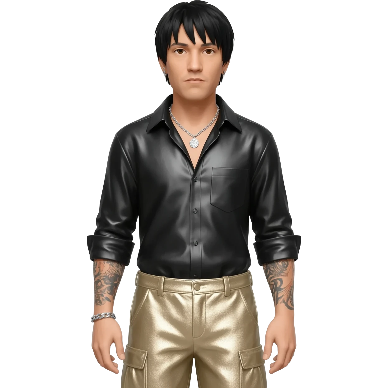Chino Moreno with black hair, black metallic shirt, beige metallic baggy pants, silver necklace emoji