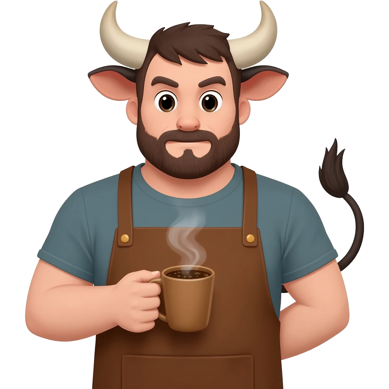 buff man with fat ass with bull ears and cow tail dressed like barista in brown apron with coffie in his hand emoji