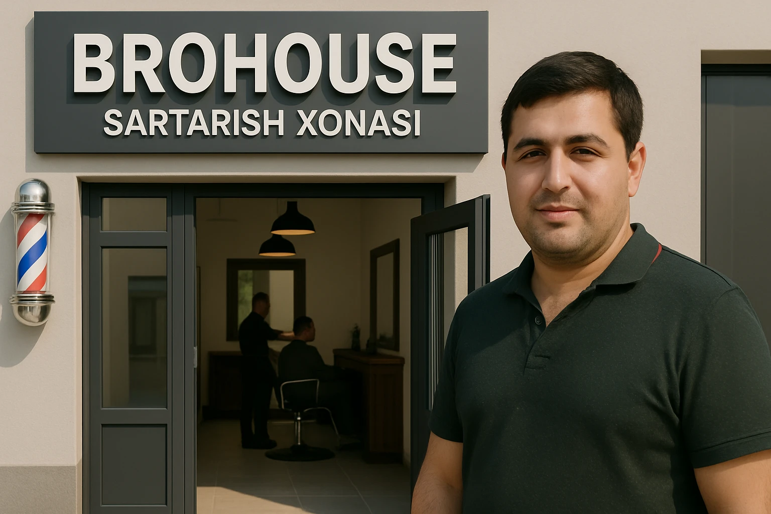 eni shu rasimga manashu odamga uxhshasin sartaosh eshik oldida tursin va tashqarida esa mijoz rasm esa 16 ga 9 bulsin 1920x1080 emoji