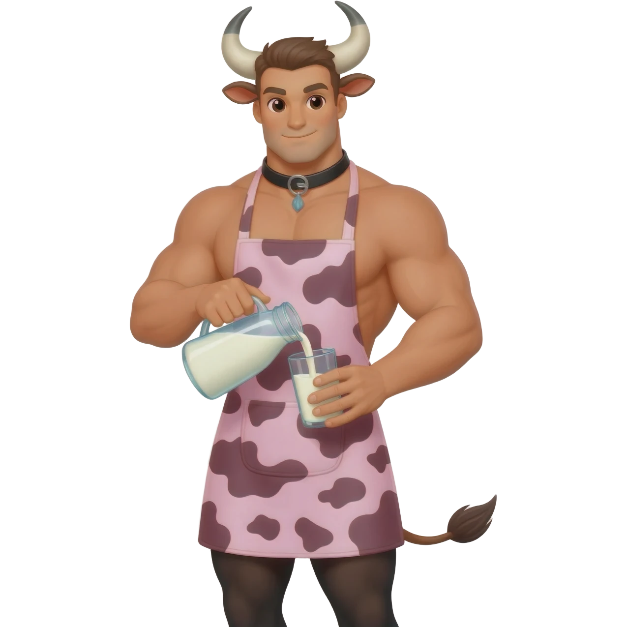 extra large muscular handsome man in the collar with bull horns and and bull ears bull tail in black stokings dressed in cute apron with pink cow print pouring milk from a glass emoji