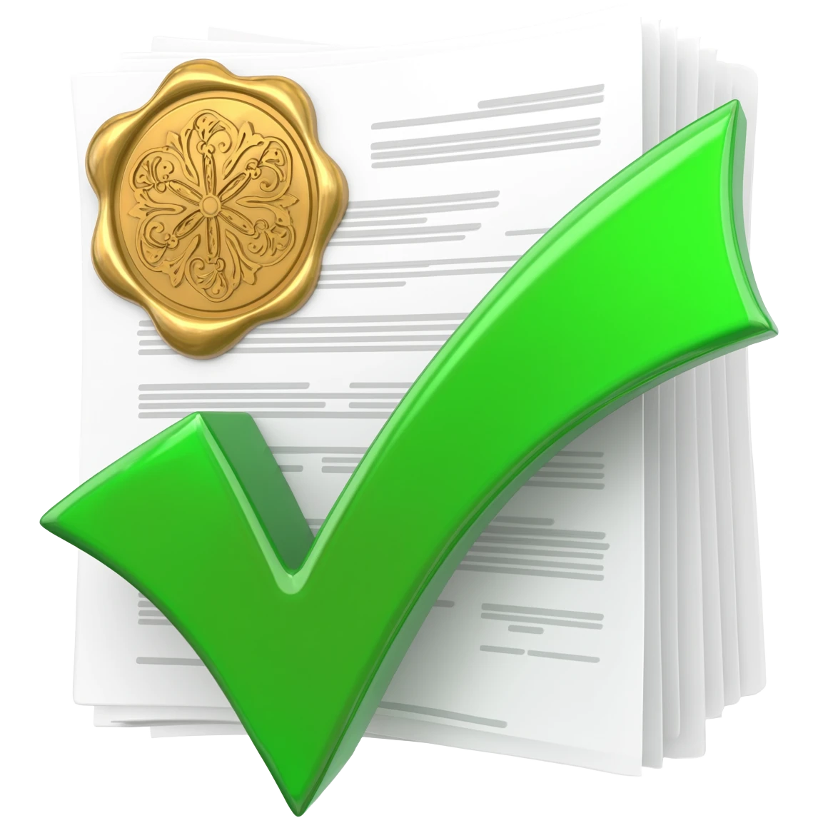 "A high-quality 3D icon of a stack of official documents with a golden wax seal and a large green glossy checkmark floating in front. Professional lighting, isometric view, claymorphism style, soft shadows, blue and white color palette." emoji