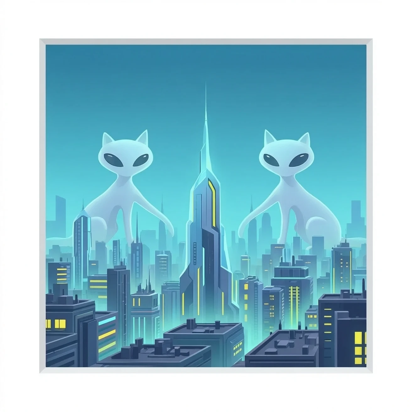 A futuristic city wirh alien cats emoji