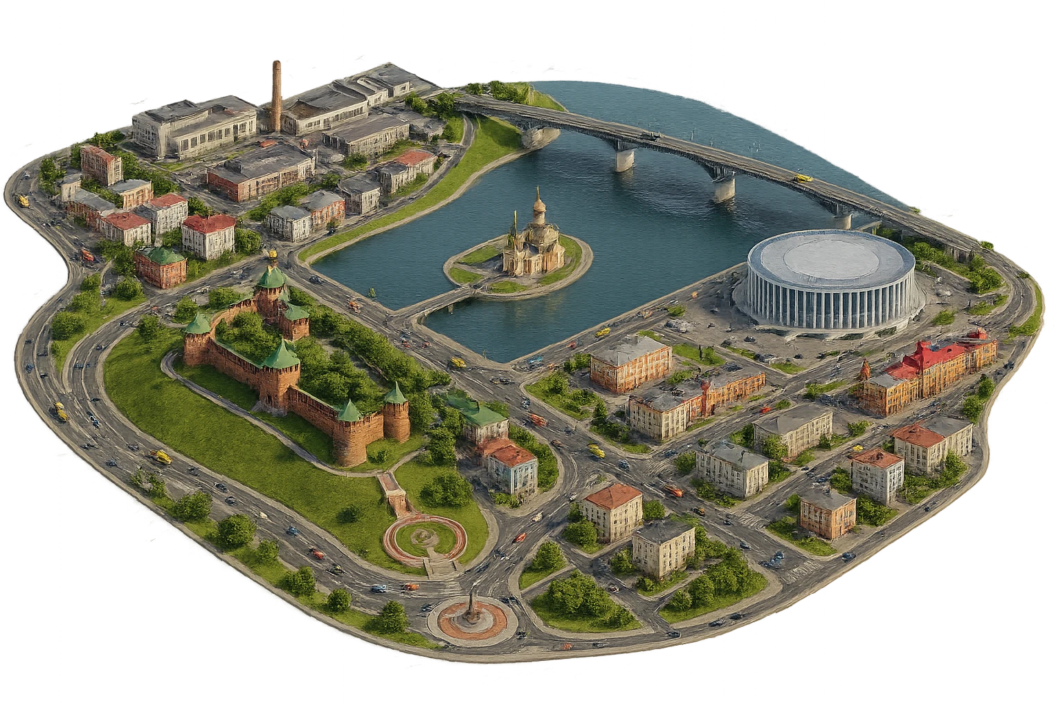 Изометричная миниатюрная фотореалистичная 3D модель панорамы Нижнего Новгорода - Нижегородский Кремль, Стрелка между Окой и Волгой, стадион Нижний Новгород, ГАЗ, Чкаловская лестница, Борский Мост через Волгу, Нижегородская ярмарка, немного нижегородских домов, автотранспорт четкие линии, яркие цвета, люди, компактная композиция, вид сверху в изометрии, прозрачный фон emoji