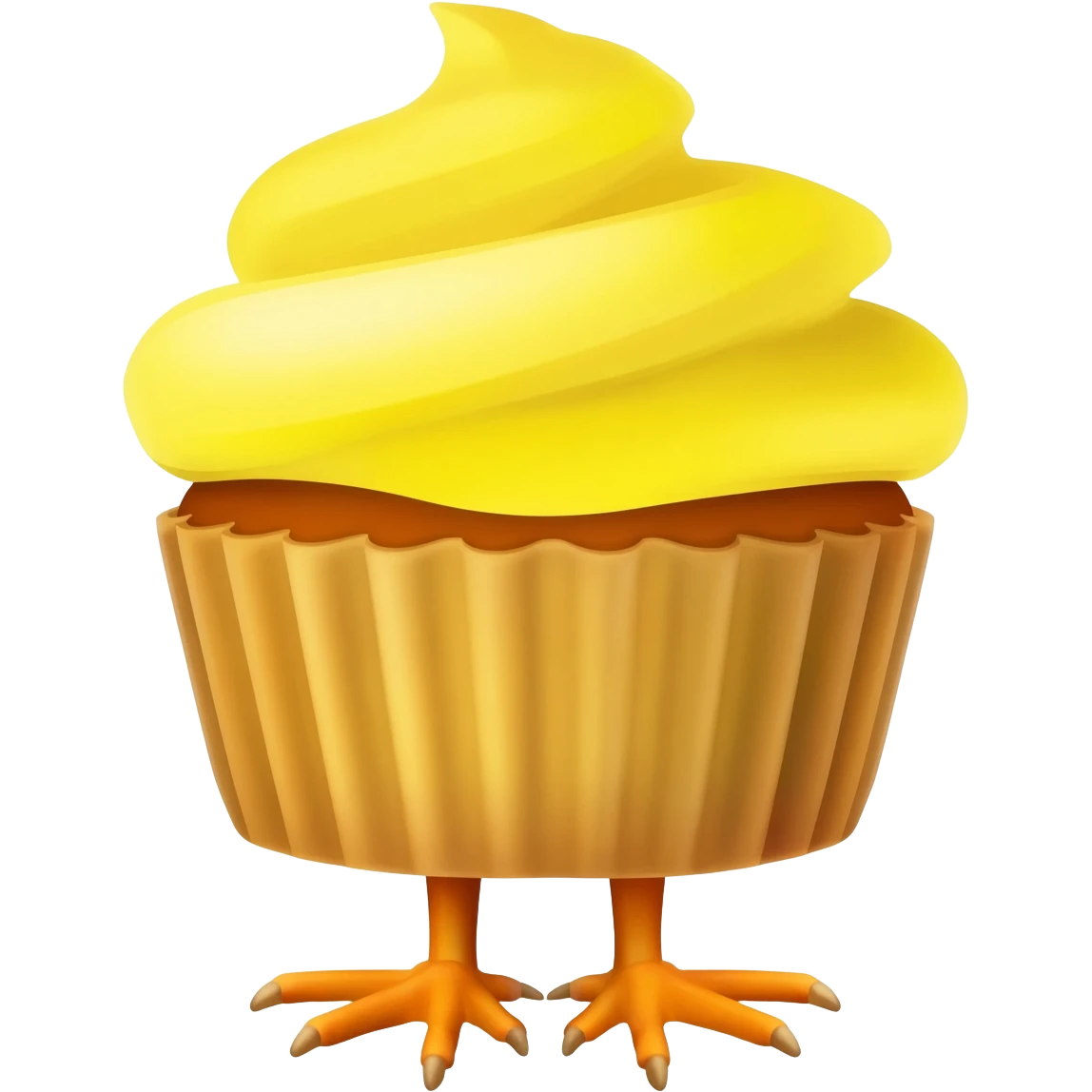 yelow chicken similar in appearance to the apple emoji, but inside a cupcake form and with baby  yellow frosting on its head, make th emoji standing like this one 🐣 emoji
