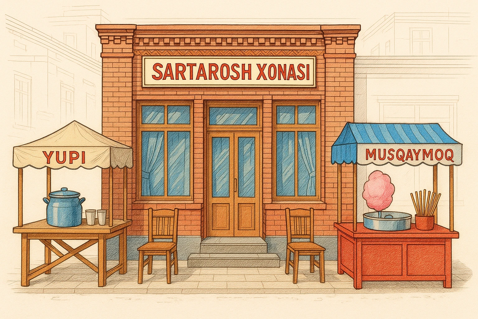 brohouse sartarosh xonasini chizib ber tashqaridan va uning yonida yupi va musqaymoq sotadigan lavkalar bulsin emoji