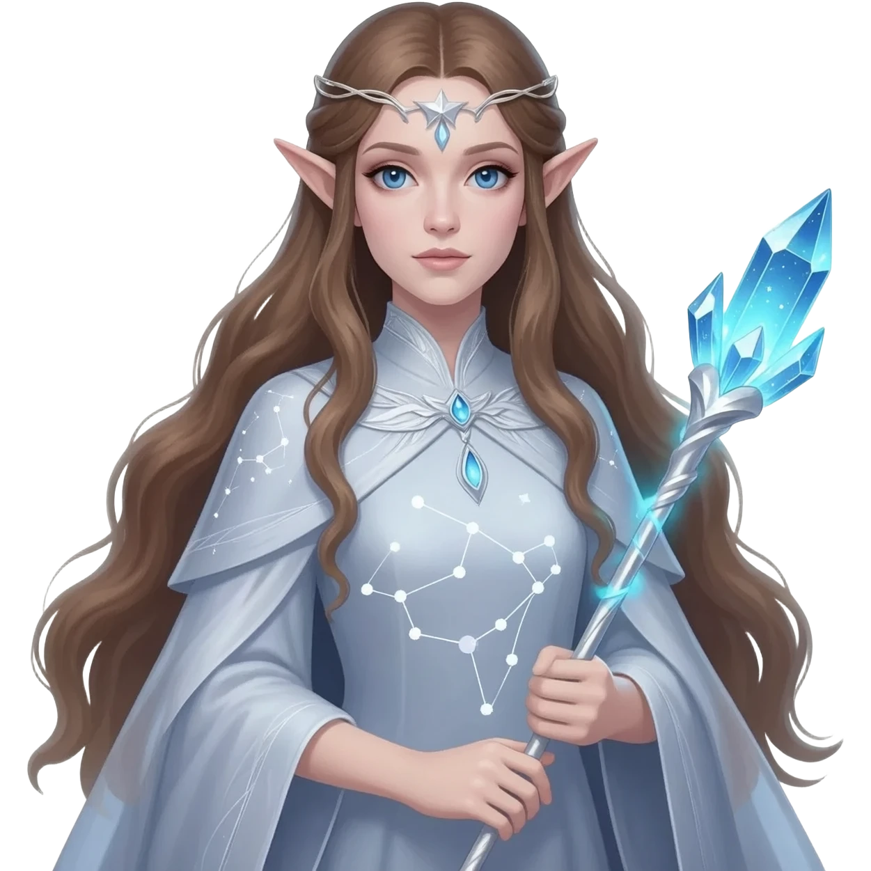 Hyper realistic cosmos elf mage fairy queen pale skin brown hair and blue-eyes emoji