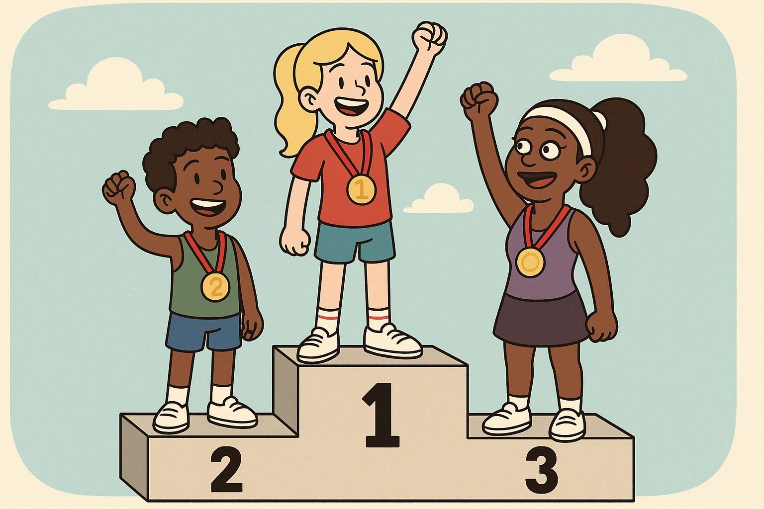 winners podium girl yellow hair Olympic Gold Medal a boy brown skin black Classic Curl hair Olympic Gold Medal Serena Williams Olympic Gold Medal  emoji