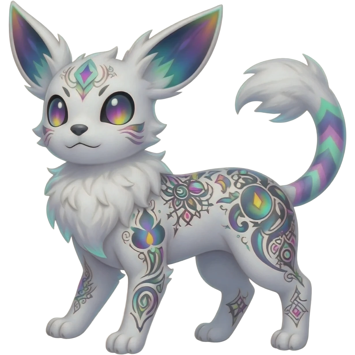 Rare neon iridescent white exotic cute epic aesthetic gothic colorful Salandit-Eevee-Civet-species-Fakemon-hybrid-creature, with intricate tattoo markings, full body emoji